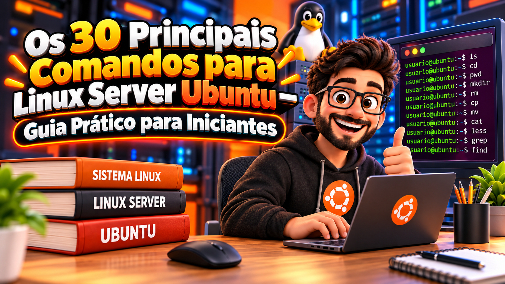 Capa de Os 30 Principais Comandos para Linux Server Ubuntu - Guia Prático para Iniciantes